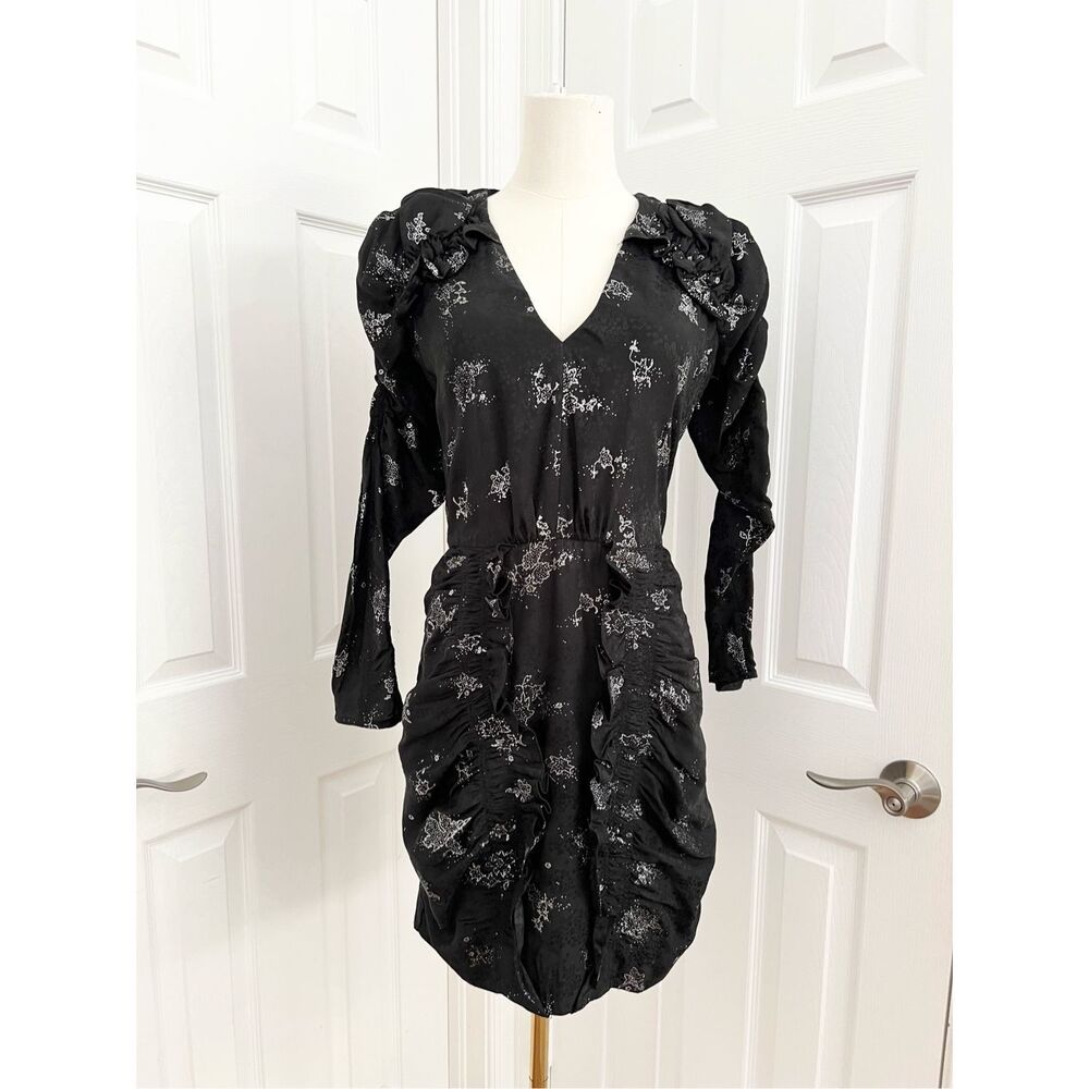 Rebecca Taylor Silk Jacquard Black Silver Glitter Puff Sleeve Mini Dress 2